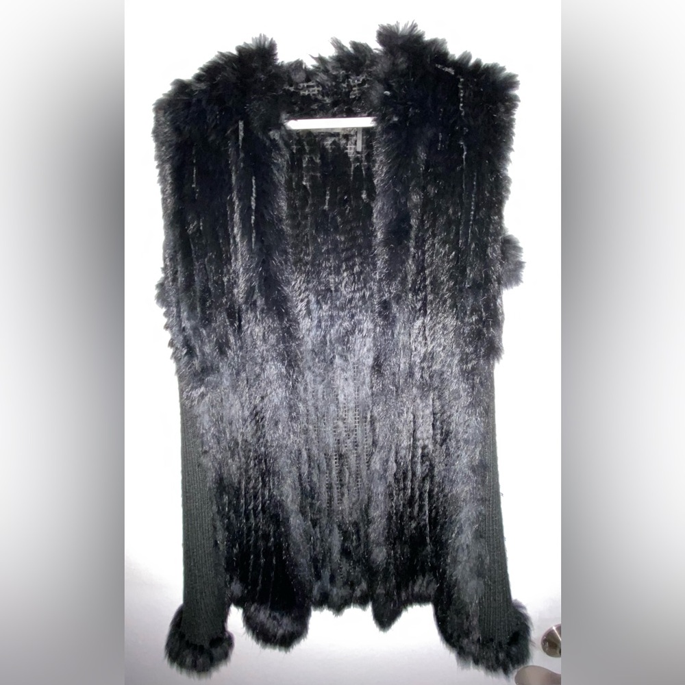 LOVE TOKEN Black 100% Genuine Rabbit Fur Vest Knit Side Size S SMALL Whimsigoth